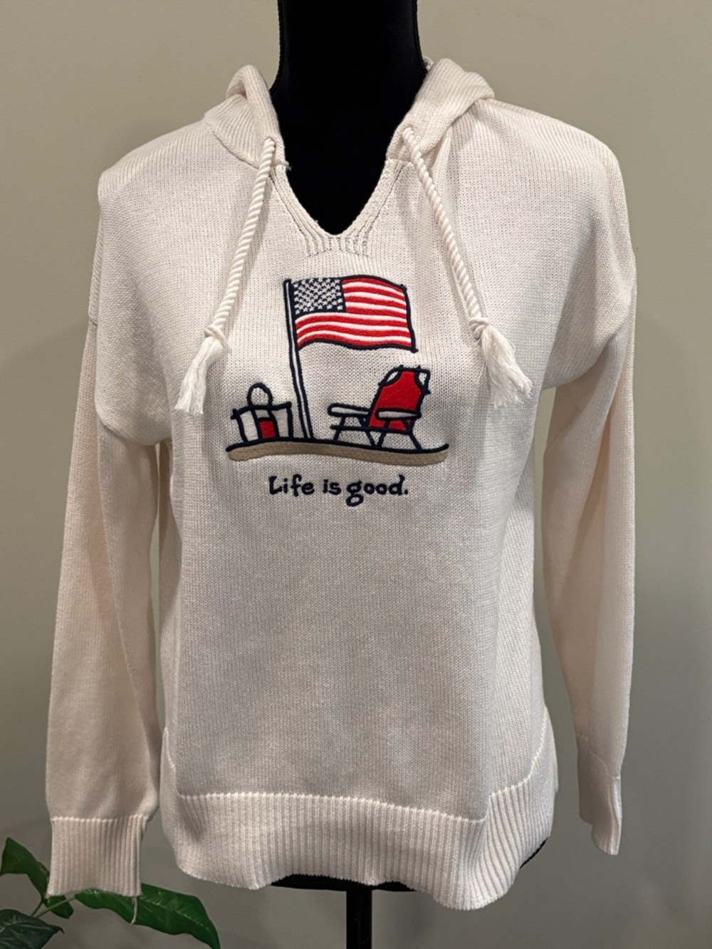 Life Is Good Cream Hooded Sweater with Embroidered Flag & Red Chair